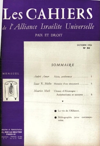 Les Cahiers de l'Alliance Israélite Universelle (Paix et Droit).  N°086 (01 oct. 1954)